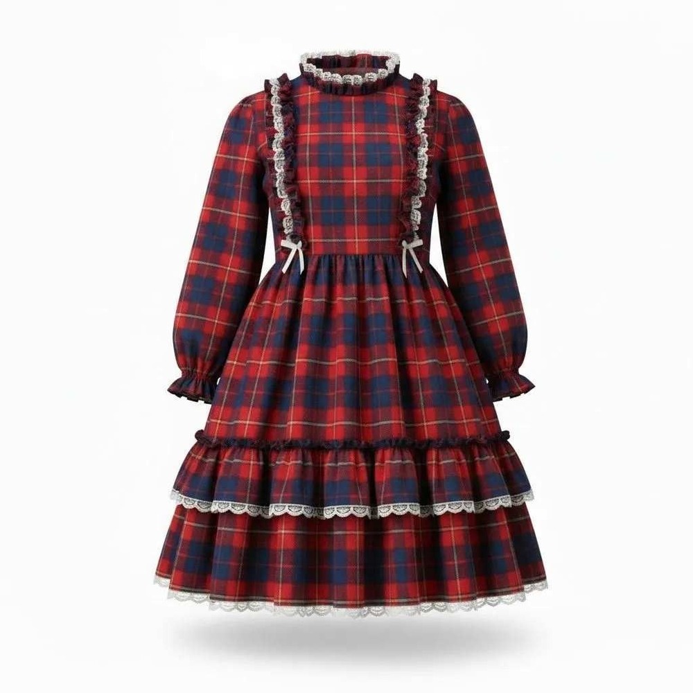 Winnie The Pooh Vintage Plaid Lace Ruffle Dress Kids 7 Red Victorian USA Tartan